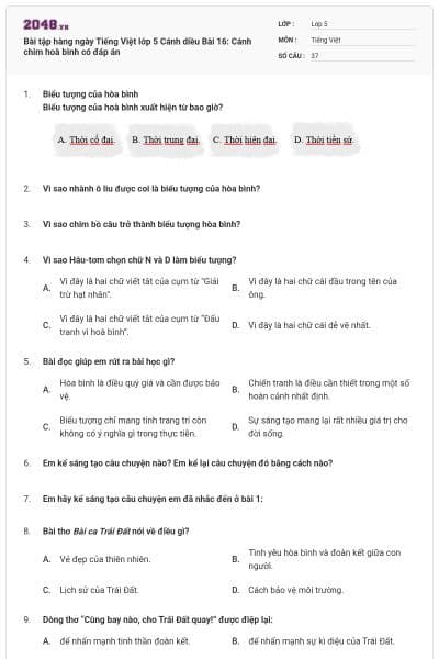 Bài tập hàng ngày Tiếng Việt lớp 5 Cánh diều Bài 16: Cánh chim hoà bình có đáp án