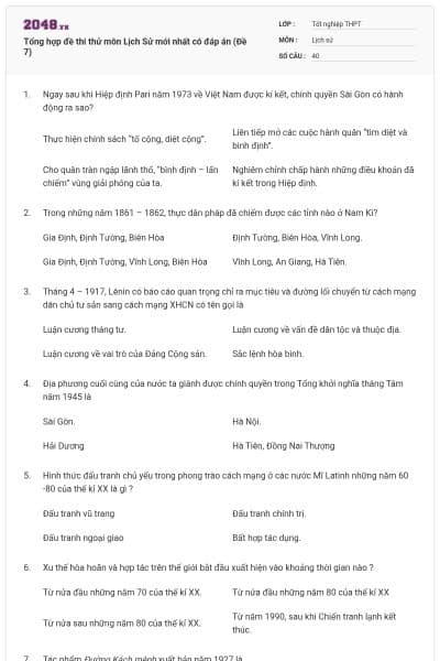Tổng hợp đề thi thử môn Lịch Sử mới nhất có đáp án (Đề 7)
