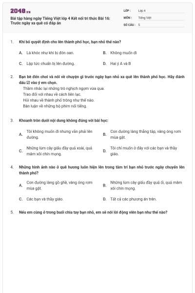 Bài tập hàng ngày Tiếng Việt lớp 4 Kết nối tri thức Bài 16: Trước ngày xa quê có đáp án