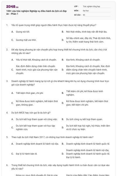 100+ câu trắc nghiệm Nghiệp vụ điều hành du lịch có đáp án - Phần 1