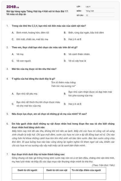 Bài tập hàng ngày Tiếng Việt lớp 4 Kết nối tri thức Bài 17: Vẽ màu có đáp án