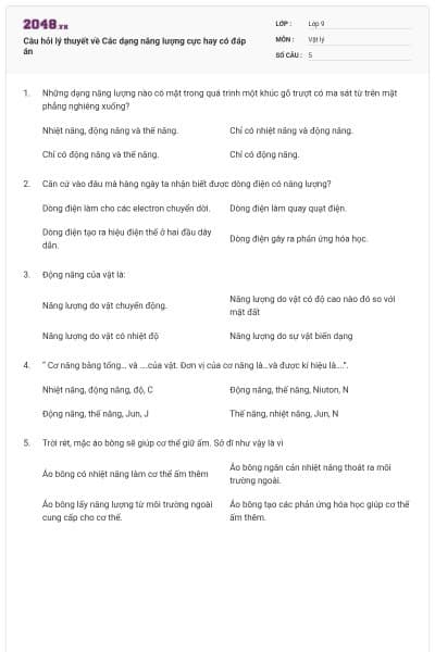 Câu hỏi lý thuyết về Các dạng năng lượng cực hay có đáp án