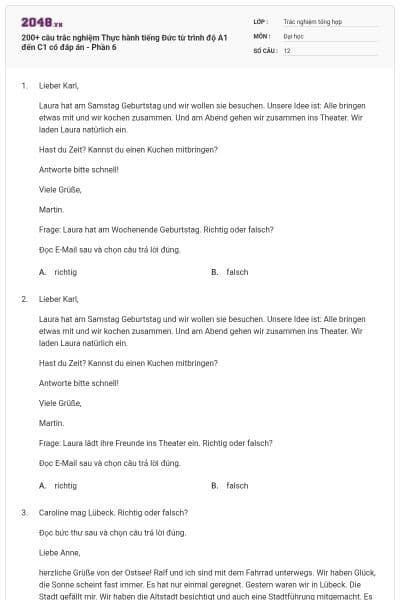 200+ câu trắc nghiệm Thực hành tiếng Đức từ trình độ A1 đến C1 có đáp án - Phần 6