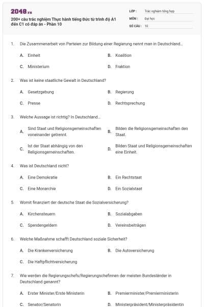 200+ câu trắc nghiệm Thực hành tiếng Đức từ trình độ A1 đến C1 có đáp án - Phần 10