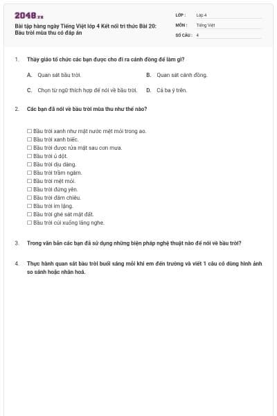 Bài tập hàng ngày Tiếng Việt lớp 4 Kết nối tri thức Bài 20: Bầu trời mùa thu có đáp án