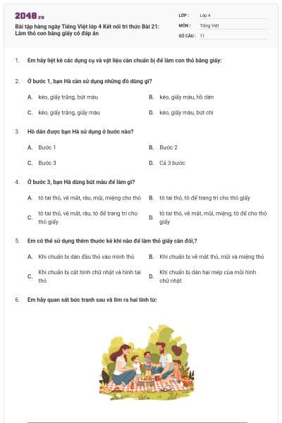 Bài tập hàng ngày Tiếng Việt lớp 4 Kết nối tri thức Bài 21: Làm thỏ con bằng giấy có đáp án