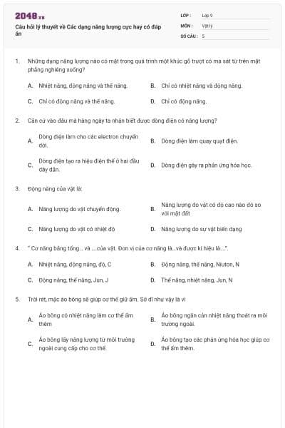 Câu hỏi lý thuyết về Các dạng năng lượng cực hay có đáp án
