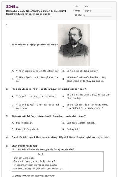 Bài tập hàng ngày Tiếng Việt lớp 4 Kết nối tri thức Bài 24: Người tìm đường lên các vì sao có đáp án