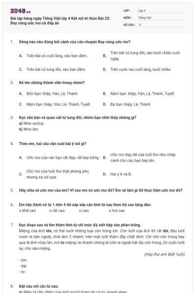 Bài tập hàng ngày Tiếng Việt lớp 4 Kết nối tri thức Bài 25: Bay cùng ước mơ có đáp án