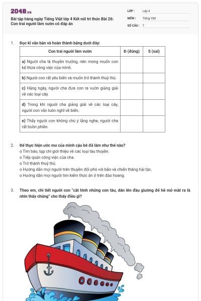 Bài tập hàng ngày Tiếng Việt lớp 4 Kết nối tri thức Bài 26: Con trai người làm vườn có đáp án