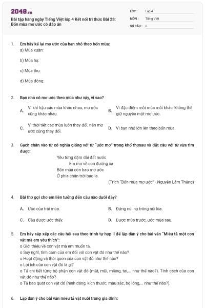 Bài tập hàng ngày Tiếng Việt lớp 4 Kết nối tri thức Bài 28: Bốn mùa mơ ước có đáp án
