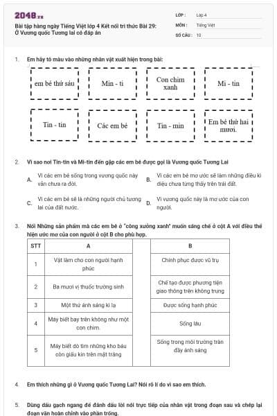 Bài tập hàng ngày Tiếng Việt lớp 4 Kết nối tri thức Bài 29: Ở Vương quốc Tương lai có đáp án