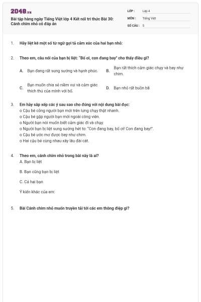 Bài tập hàng ngày Tiếng Việt lớp 4 Kết nối tri thức Bài 30: Cánh chim nhỏ có đáp án