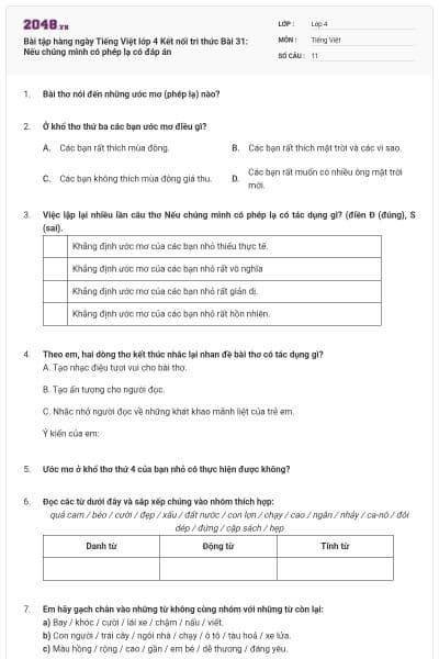 Bài tập hàng ngày Tiếng Việt lớp 4 Kết nối tri thức Bài 31: Nếu chúng mình có phép lạ có đáp án