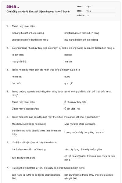 Câu hỏi lý thuyết về Sản xuất điện năng cực hay có đáp án