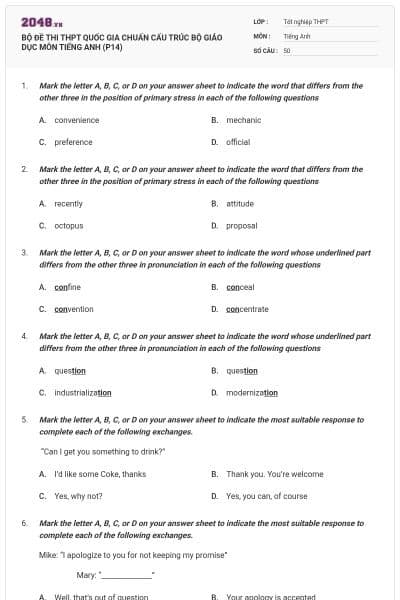 BỘ ĐỀ THI THPT QUỐC GIA CHUẨN CẤU TRÚC BỘ GIÁO DỤC MÔN TIẾNG ANH (P14)
