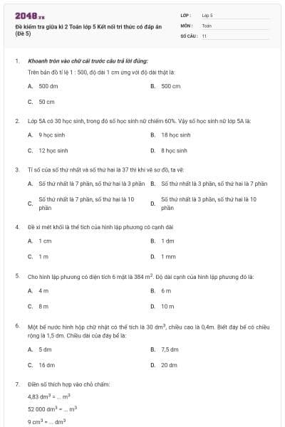 Đề kiểm tra giữa kì 2 Toán lớp 5 Kết nối tri thức có đáp án (Đề 5)