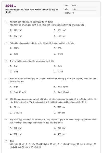 Đề kiểm tra giữa kì 2 Toán lớp 5 Kết nối tri thức có đáp án (Đề 6)