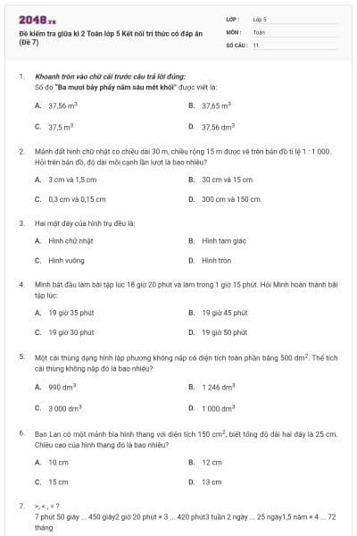 Đề kiểm tra giữa kì 2 Toán lớp 5 Kết nối tri thức có đáp án (Đề 7)