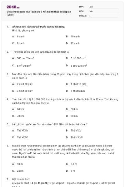 Đề kiểm tra giữa kì 2 Toán lớp 5 Kết nối tri thức có đáp án (Đề 8)
