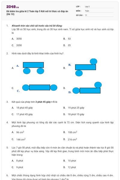 Đề kiểm tra giữa kì 2 Toán lớp 5 Kết nối tri thức có đáp án (Đề 10)