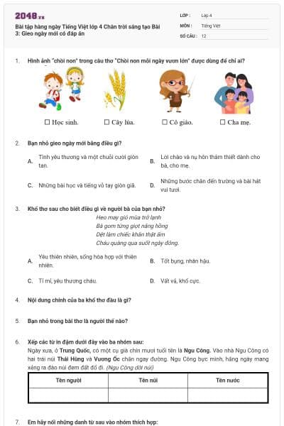 Bài tập hàng ngày Tiếng Việt lớp 4 Chân trời sáng tạo Bài 3: Gieo ngày mới có đáp án