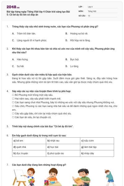 Bài tập hàng ngày Tiếng Việt lớp 4 Chân trời sáng tạo Bài 5: Cô bé ấy đã lớn có đáp án