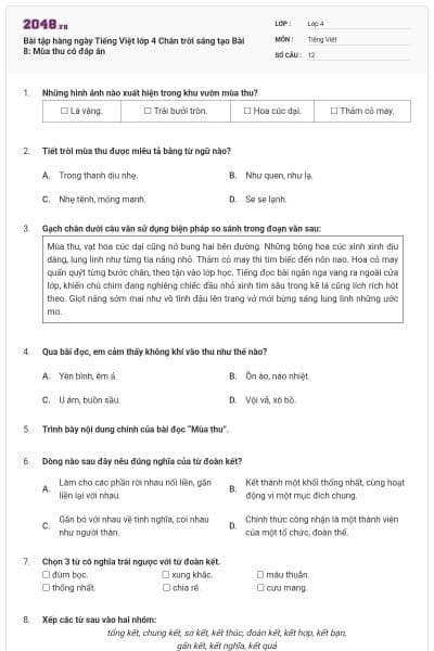 Bài tập hàng ngày Tiếng Việt lớp 4 Chân trời sáng tạo Bài 8: Mùa thu có đáp án