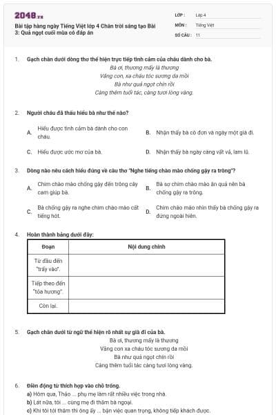 Bài tập hàng ngày Tiếng Việt lớp 4 Chân trời sáng tạo Bài 3: Quả ngọt cuối mùa có đáp án