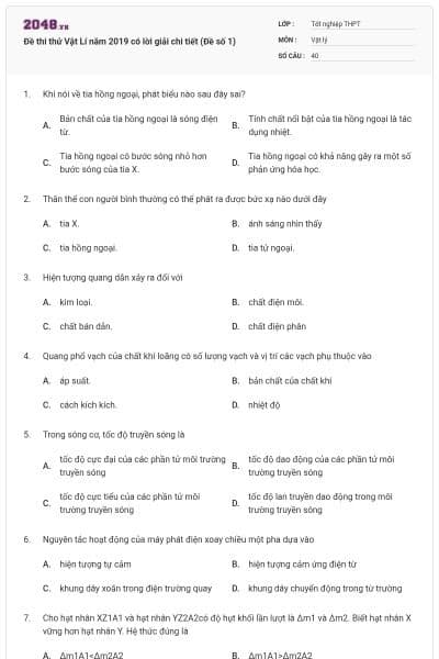 Đề thi thử Vật Lí năm 2019 có lời giải chi tiết (Đề số 1)