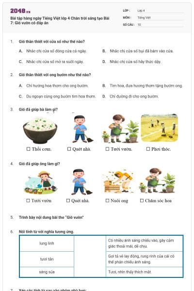 Bài tập hàng ngày Tiếng Việt lớp 4 Chân trời sáng tạo Bài 7: Gió vườn có đáp án