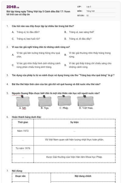 Bài tập hàng ngày Tiếng Việt lớp 5 Cánh diều Bài 17: Vươn tới trời cao có đáp án