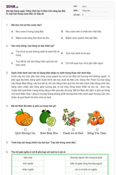 Bài tập hàng ngày Tiếng Việt lớp 4 Chân trời sáng tạo Bài 8: Cây trái trong vườn Bác có đáp án