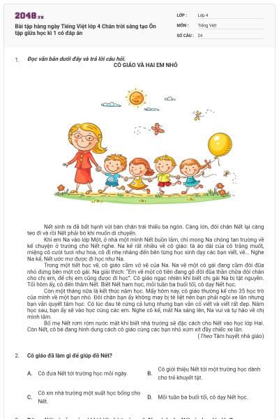 Bài tập hàng ngày Tiếng Việt lớp 4 Chân trời sáng tạo Ôn tập giữa học kì 1 có đáp án