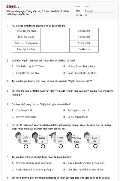 Bài tập hàng ngày Tiếng Việt lớp 5 Cánh diều Bài 18: Sánh vai bè bạn có đáp án