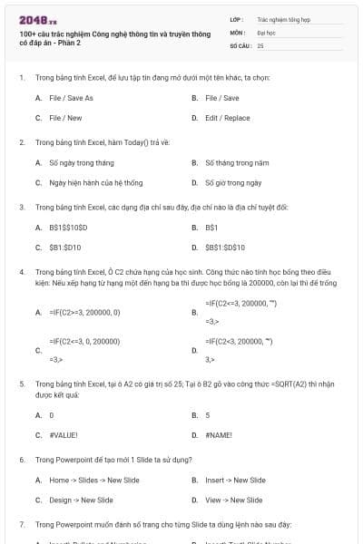 100+ câu trắc nghiệm Công nghệ thông tin và truyền thông có đáp án - Phần 2