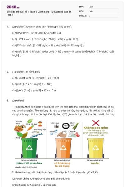 Bộ 5 đề thi cuối kì 1 Toán 6 Cánh diều (Tự luận) có đáp án - Đề 1