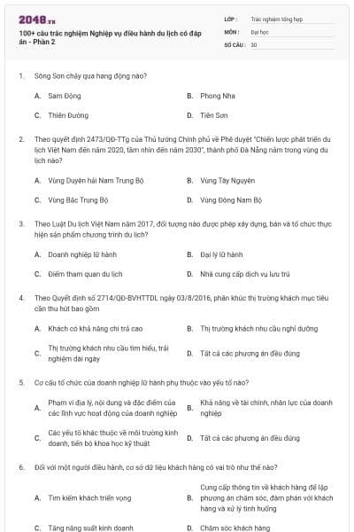 100+ câu trắc nghiệm Nghiệp vụ điều hành du lịch có đáp án - Phần 2
