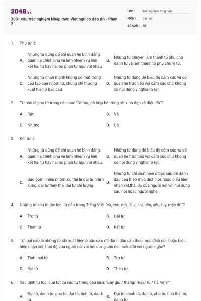 300+ câu trắc nghiệm Nhập môn Việt ngữ có đáp án - Phần 2
