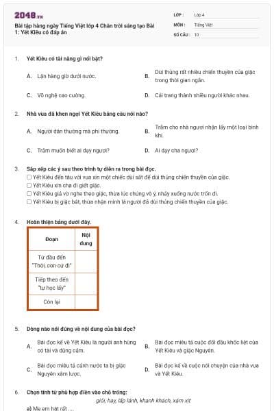 Bài tập hàng ngày Tiếng Việt lớp 4 Chân trời sáng tạo Bài 1: Yết Kiêu có đáp án