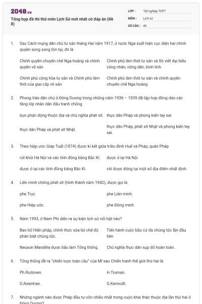 Tổng hợp đề thi thử môn Lịch Sử mới nhất có đáp án (Đề 8)