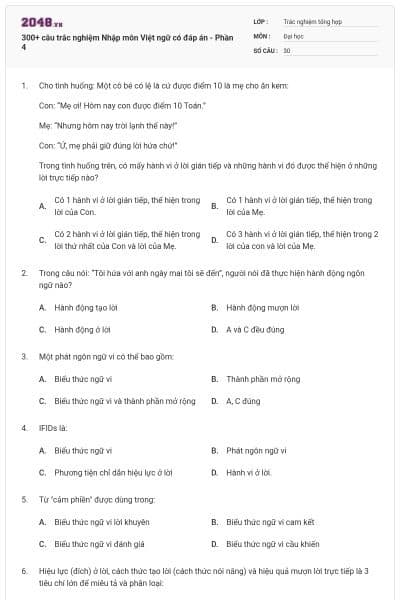 300+ câu trắc nghiệm Nhập môn Việt ngữ có đáp án - Phần 4