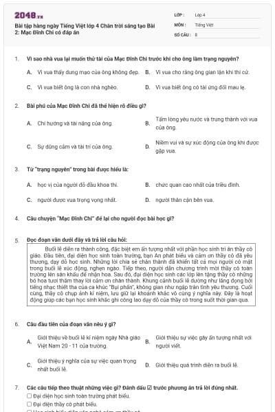 Bài tập hàng ngày Tiếng Việt lớp 4 Chân trời sáng tạo Bài 2: Mạc Đĩnh Chi có đáp án