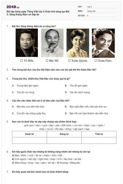 Bài tập hàng ngày Tiếng Việt lớp 4 Chân trời sáng tạo Bài 3: Sáng tháng Năm có đáp án