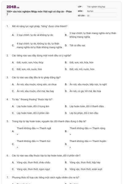 300+ câu trắc nghiệm Nhập môn Việt ngữ có đáp án - Phần 7