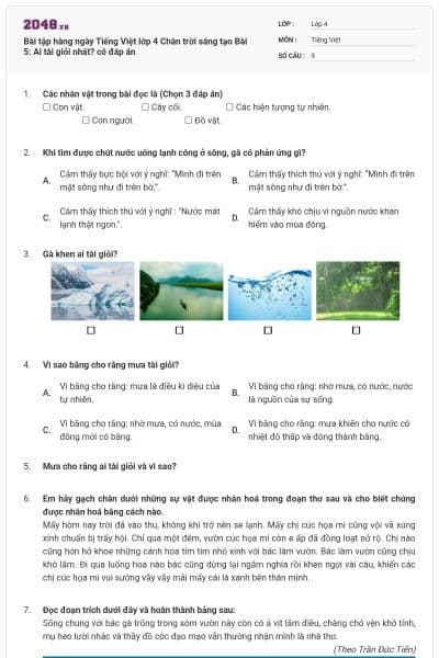 Bài tập hàng ngày Tiếng Việt lớp 4 Chân trời sáng tạo Bài 5: Ai tài giỏi nhất? có đáp án