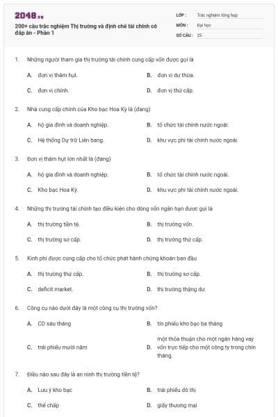 200+ câu trắc nghiệm Thị trường và định chế tài chính có đáp án - Phần 1