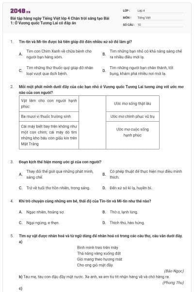 Bài tập hàng ngày Tiếng Việt lớp 4 Chân trời sáng tạo Bài 1: Ở Vương quốc Tương Lai có đáp án
