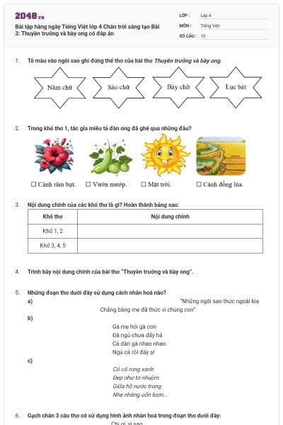 Bài tập hàng ngày Tiếng Việt lớp 4 Chân trời sáng tạo Bài 3: Thuyền trưởng và bầy ong có đáp án