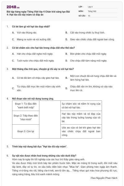 Bài tập hàng ngày Tiếng Việt lớp 4 Chân trời sáng tạo Bài 4: Hạt táo đã nảy mầm có đáp án